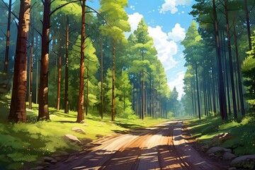 Scenic view of a dirt road winding its way through a lush green forest on a bright summer day