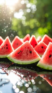 Fresh watermelon slices arranged on a reflective surface with blurry bokeh lights and lush green foliage backdrop.