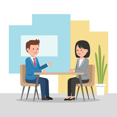 Obraz premium Two professionals engaged in a business discussion at a modern office table with colorful backgrounds
