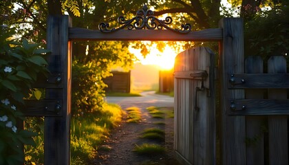 Fototapeta premium Wooden gate opening onto a narrow path through dense woodland, natural forest environment with trees and foliage, rustic countryside entrance leading into quiet nature scenery
