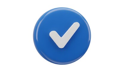 3D Check Confirmation Icon in Glossy Blue Button Style on Transparent Background