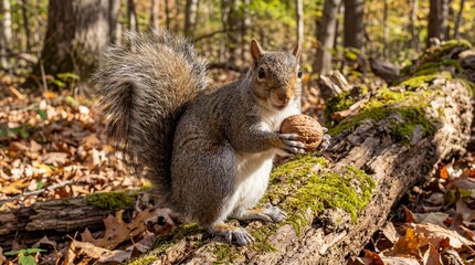 Obraz premium Adorable Grey Squirrel Holding a Walnut, Perched on a Moss-Covered Log Amidst Autumn Leaves in a Forest, Illustrating Wildlife Foraging