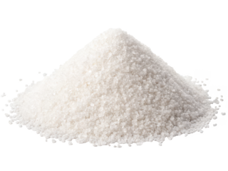 A substantial, crystalline mound of coarse white salt, composed of irregularly shaped granules with a slightly translucent quality, is densely piled upon a clean, isolated on transparent background.