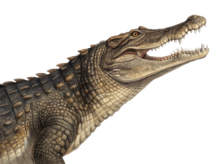 Highly detailed and realistically rendered portrait of a formidable alligator with textured, scaly skin and piercing amber eyes, depicted in a side profile with, isolated on transparent background.