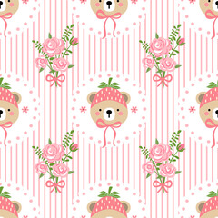Coquette Valentines Strawberry Seamless Pattern, Teddy Bear Seamless, Spring Seamless Files, Heart Seamless Pattern