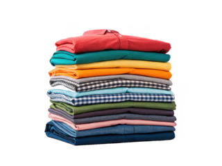 Neatly stacked and colorful assortment of folded cotton shirts, displaying a variety of solid hues and checkered patterns, presented in a well-lit studio, isolated on transparent background.