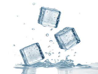 Translucent, crystalline ice cubes with visible internal bubbles and condensation droplets are dynamically falling into a splash of clear water, captured in a, isolated on transparent background.