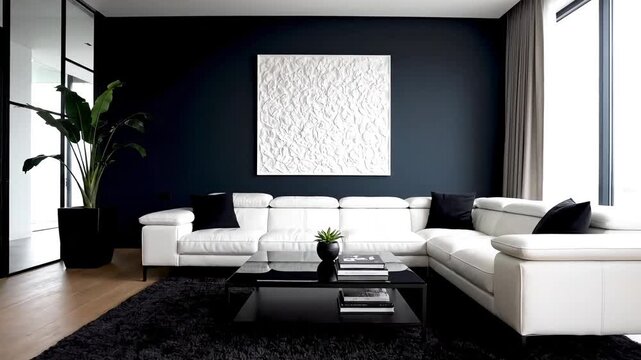 The epitome of refined elegance: luxurious minimalist living room design featuring dramatic monochrome contrast and sleek modern furniture, perfect for exclusive corporate relaxation or high-end resid