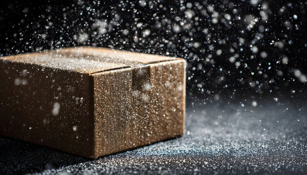 Cardboard shipping box showing frost particles and ice flakes on its top surface and sides, depicting cold storage, frozen delivery, and winter packaging concepts against a dark background