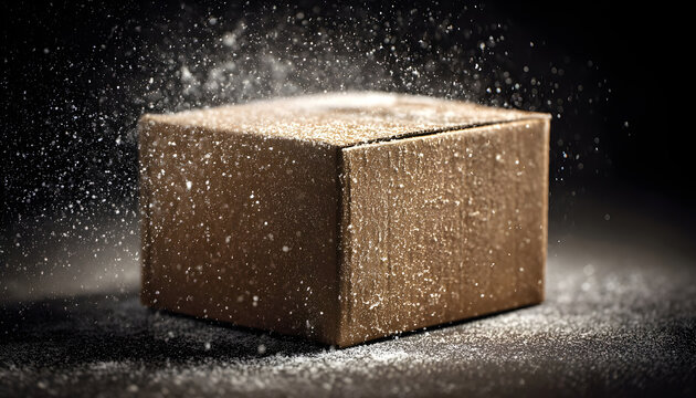 Cardboard shipping box showing frost particles and ice flakes on its top surface and sides, depicting cold storage, frozen delivery, and winter packaging concepts against a dark background