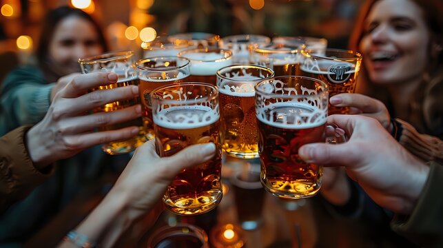 Group of diverse young adults toasting with beer glasses in warm pub atmosphere. Friends celebrating together with golden ale drinks and bokeh lights.
