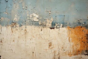 Close up of a weathered wall revealing layers of cracked and peeling paint, creating a textured and aged surface