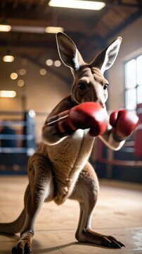 A kangaroo wearing red boxing gloves strikes a fighting pose within a boxing ring, looking at the viewer with a determined expression.