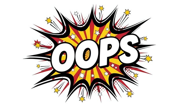 Comic book style OOPS explosion burst with colorful starburst background and dynamic action lines for pop art designs and graphic projects.