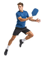 Male caucasian pickleball player in blue shirt preparing forehand shot midair