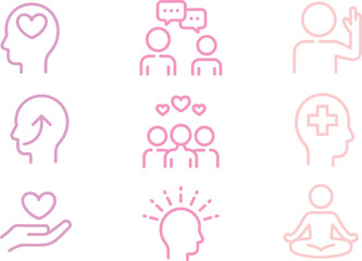 Fototapeta premium Mental health and wellbeing line icons set showing mindfulness support empathy communication therapy self care vector collection