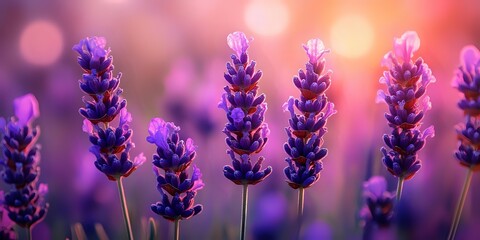 Purple lavender flowers blooming in soft sunset light with dreamy bokeh background for aromatherapy wellness spa relaxation natural organic skincare products.