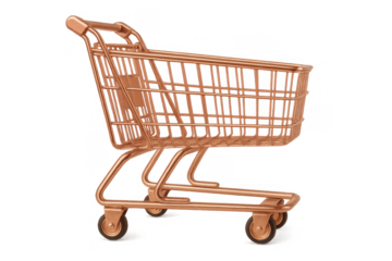 Rose gold shopping cart representing retail, consumerism, and sales. Rendered 3d graphic asset on transparent background