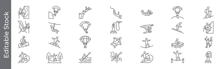 Extreme sports and outdoor adventure icon set &ndash; editable outline symbols of rock climbing, skydiving, surfing, mountain biking, rafting and slackline