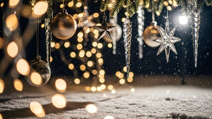 Dark Winter Christmas Background with Hanging Silver Ornaments, Icicles, and Golden Bokeh