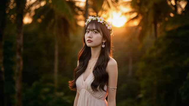 淡いドレスを着た美しい女性が、花冠をつけて夕日の森に立つ