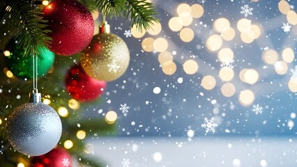 Christmas Fir Branch with Hanging Ornaments, Snowflakes, and Golden Bokeh Background