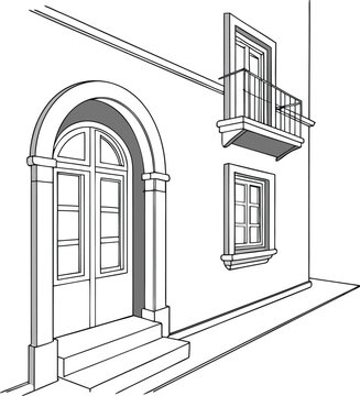 Minimalist architectural line art with geometric window frames and arches in thin grey monoline on a clean white background, ideal for modern interiors, wall art, and luxury branding.