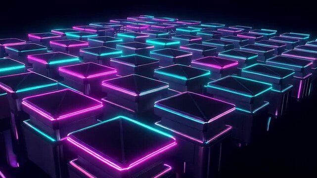 Animating glowing modular blocks in repeating grid with neon lighting
