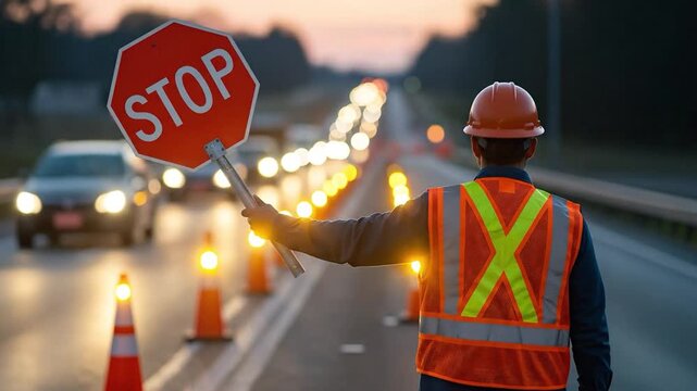 Traffic Control Man Wearing Safety Vest and Hard Hat Holding STOP Sign on Busy Roadway During Sunset
