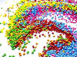 Colorful polymer plastic masterbatch pellets arranged by shade, showcasing high-quality additives used to enhance color, stability, and performance in plastic manufacturing processes efficiently.