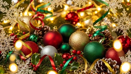 Traditional Christmas Assortment of Ornaments, Ribbons, and Holly with Bokeh Background