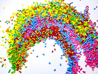 Colorful polymer plastic masterbatch pellets arranged by shade, showcasing high-quality additives used to enhance color, stability, and performance in plastic manufacturing processes efficiently.