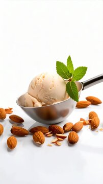 Scoop of Almond flavored Ice Cream in Steel Spoon, garnished with Mint and Whole Almonds on White Background