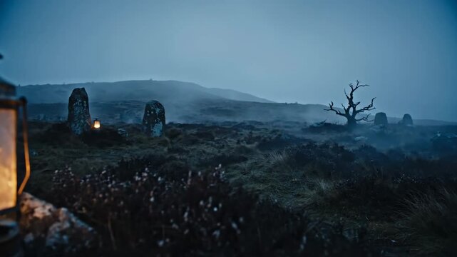 An old, glowing lantern illuminates a misty, ancient landscape with standing stones under a dark, foggy sky.