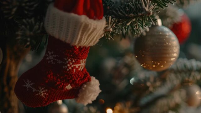 The captures a festive scene with a beautifully decorated Christmas tree adorned with ornaments, garlands, and stockings.