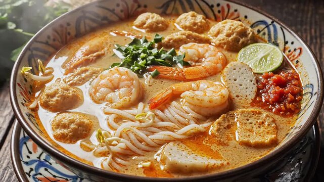 Laksa Bowl with Shrimp and Noodles in Creamy Broth