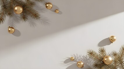 Minimalist Christmas Background Top View with Gold Ornaments and Harsh Shadows