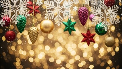 Christmas Garland Border with Hanging Stars, Snowflakes, and Bright Golden Bokeh