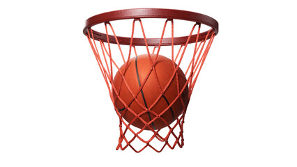 Action Shot of a Basketball Falling Through an Orange Net and Hoop Isolated on Transparent Background