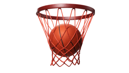 Action Shot of a Basketball Falling Through an Orange Net and Hoop Isolated on Transparent Background