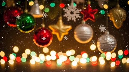 Blurred Christmas Ornaments and Stars with Colorful Bokeh Lights Background