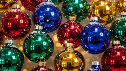 Full Frame of Colorful Christmas Ornaments Pattern with Snow and Bokeh Lights