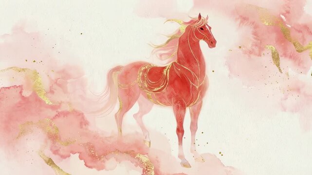 Red horse in golden mist. Lunar New Year art. Watercolor painting for Chinese zodiac year of the horse greetings.