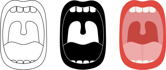 Open human mouth anatomy icon set featuring outline, solid black, and flat color styles. Clean oral cavity illustration for medical, dental, healthcare, education, infographic, and UI design use.