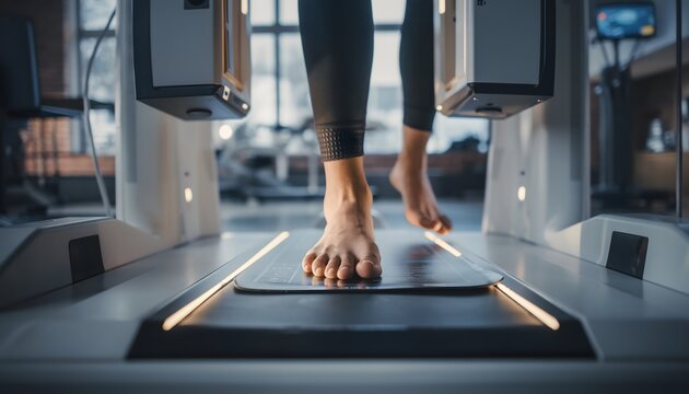 Close-up of bare feet stepping onto a futuristic scanning platform for analysis