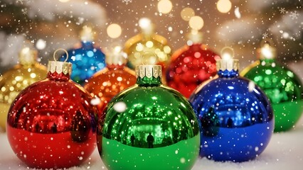 Row of Colorful Christmas Ornaments with Snow and Golden Bokeh Background