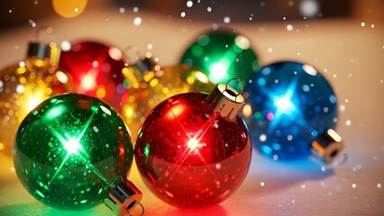 Festive Christmas Ornaments with Sparkling Snowflakes and Bokeh Background