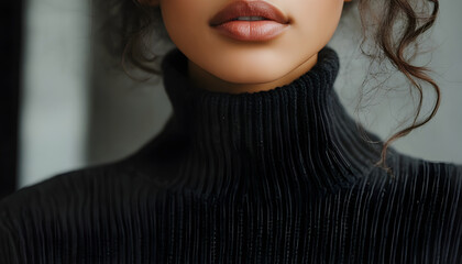A close-up shot of a woman wearing a black turtle neck sweater, possibly for formal or professional occasion