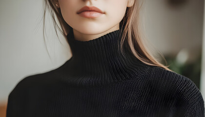 A close-up shot of a woman wearing a black turtle neck sweater, possibly for formal or professional occasion