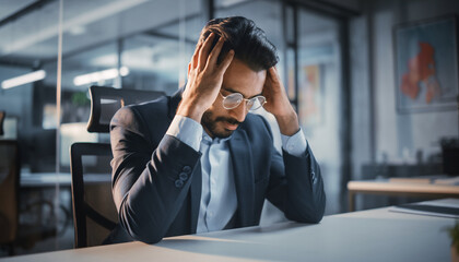 Stressed Businessman Holding Head While Working at Office Desk.